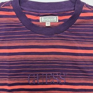 Guess Originals Men Striped T-Shirt Purple Orange Embroidered Logo Large VTG 90s